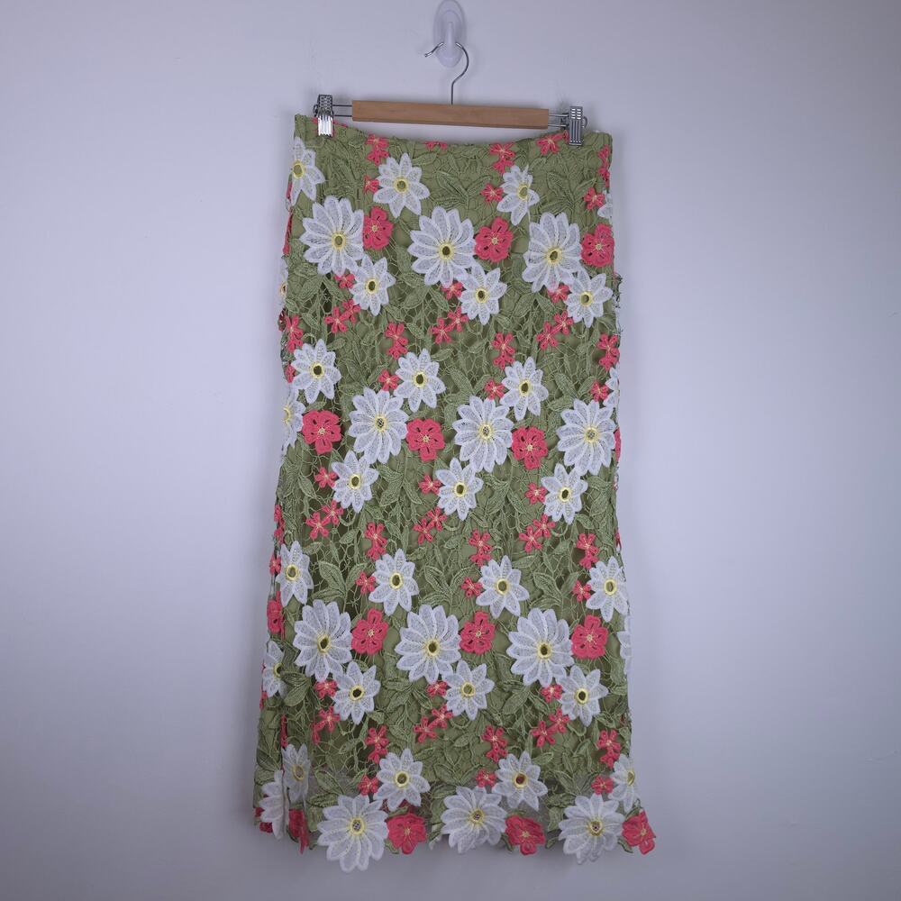 Anewsta NEW Green White Pink Floral Hollow Embroidered Midi Skirt Size XL